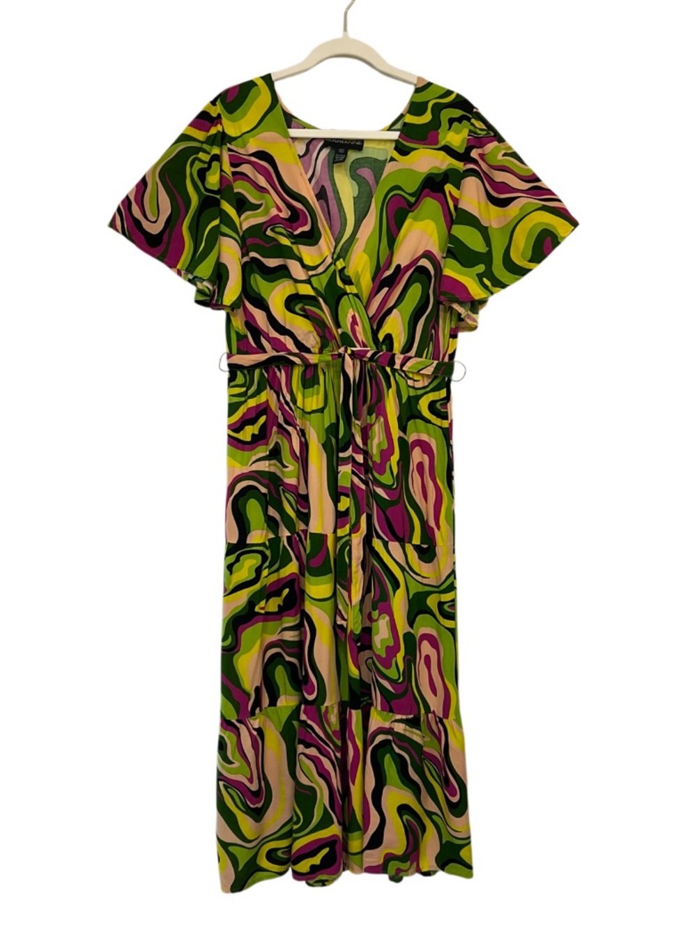 Marianne 2X Psychedelic Swirl Maxi Dress Flutter Sleeve Rayon Belted